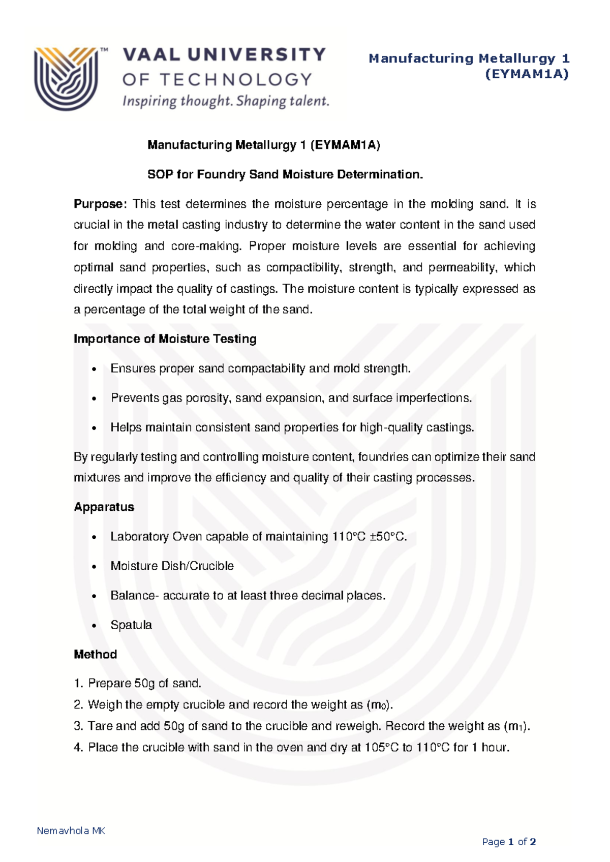SOP for Foundry Sand Testing: Moisture, pH, and Sieve Analysis (EYMAM1A ...