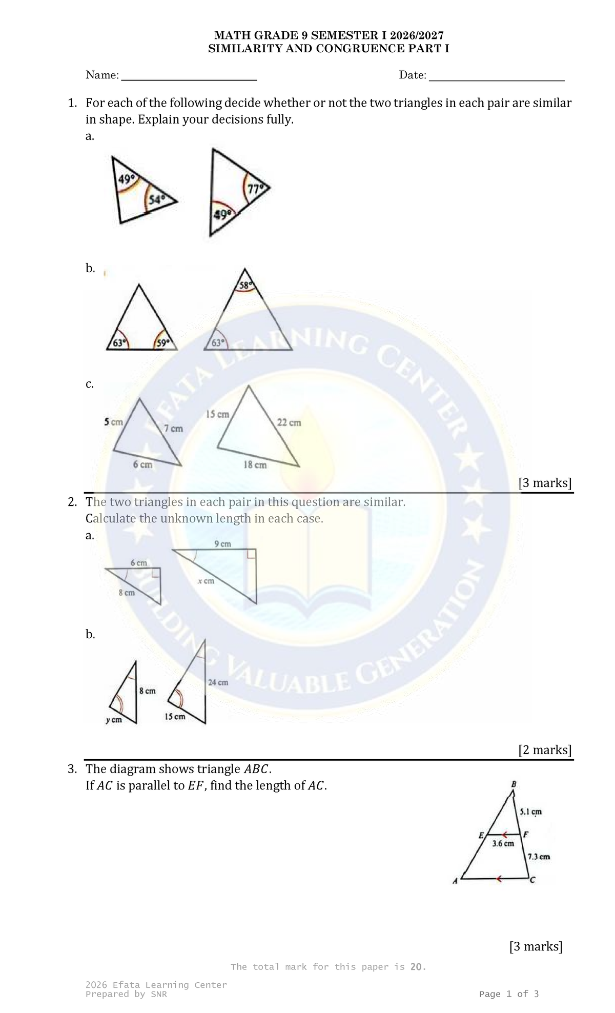 MATH G9 SEM I SIMILARITY & CONGRUENCE PRACTICE UNIT 11 PART I - Studocu