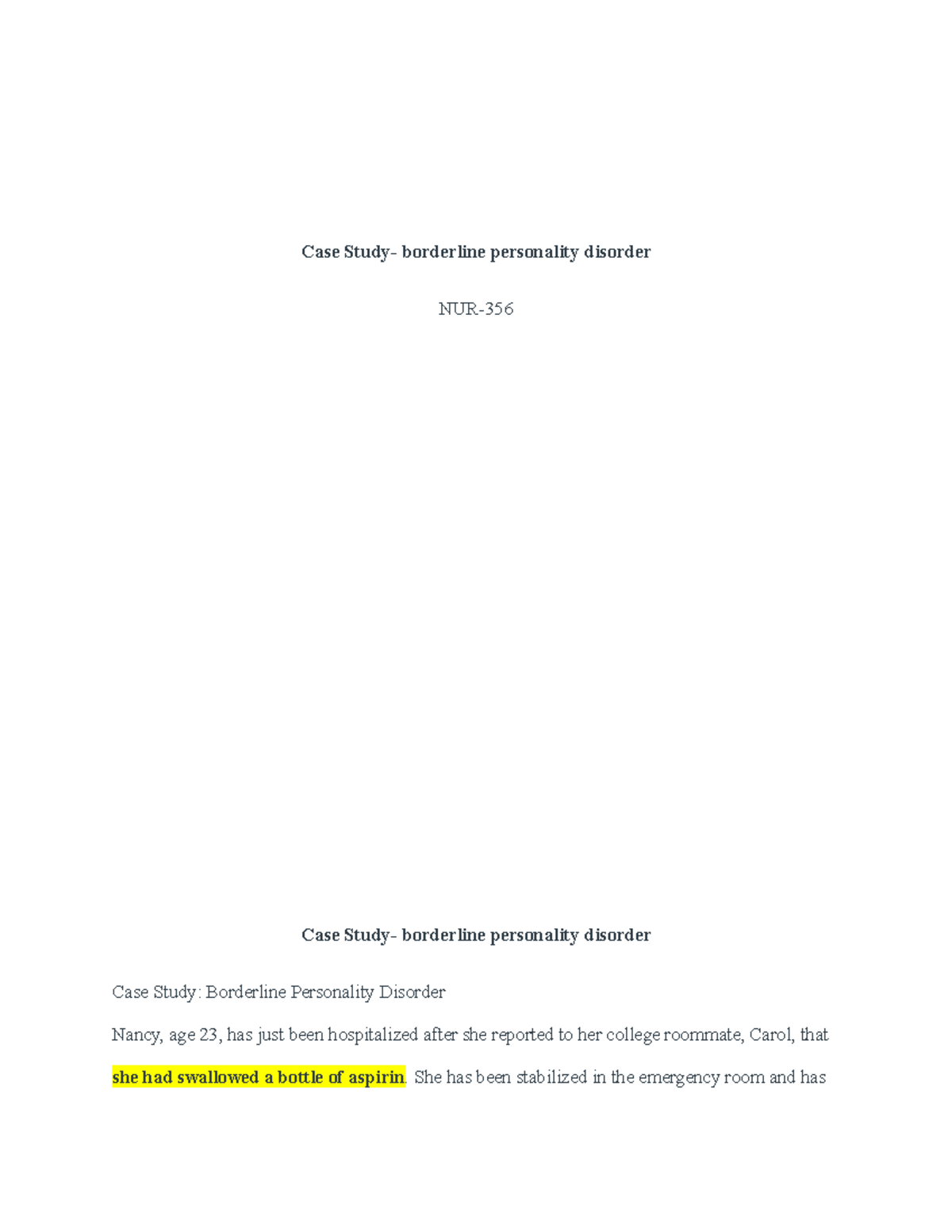 Case Study: Nancy and Borderline Personality Disorder (NUR-301) - Studocu