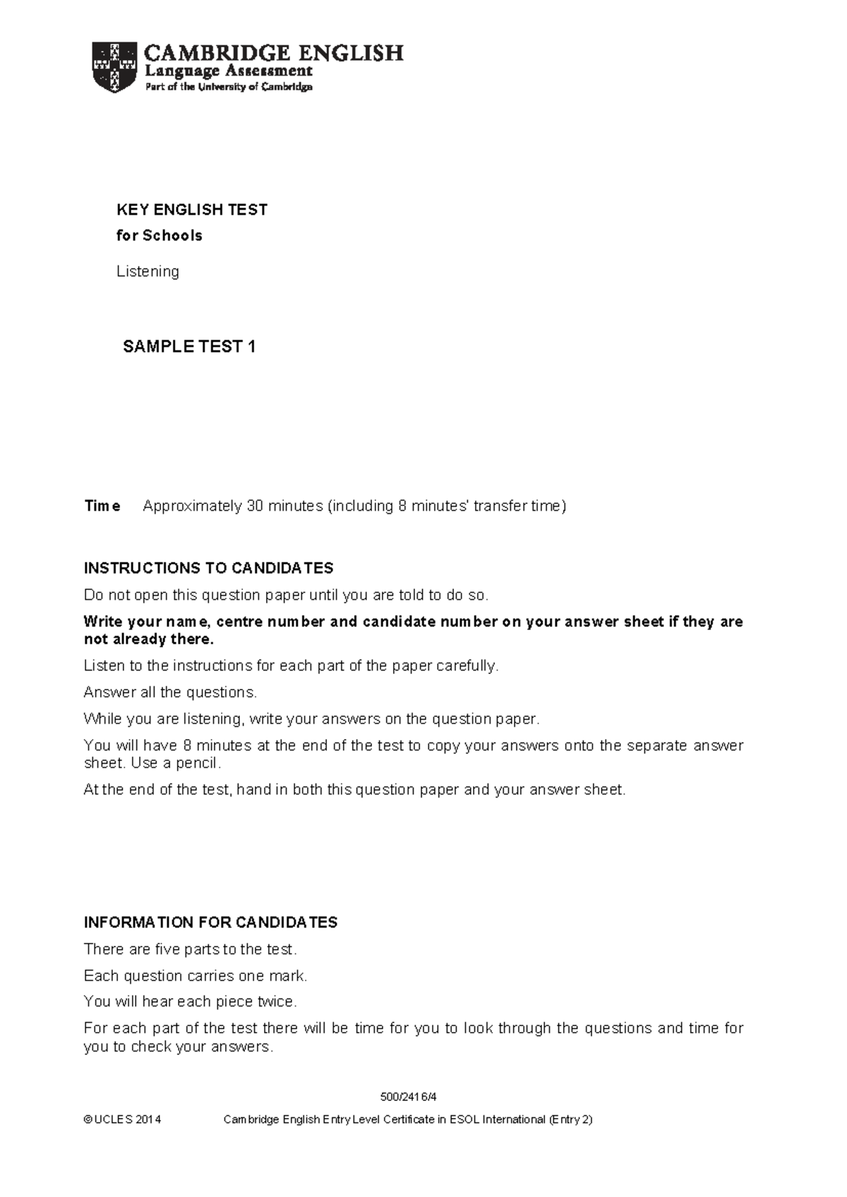 KET for Schools Listening Sample Test 1 - Practice Paper - Studocu