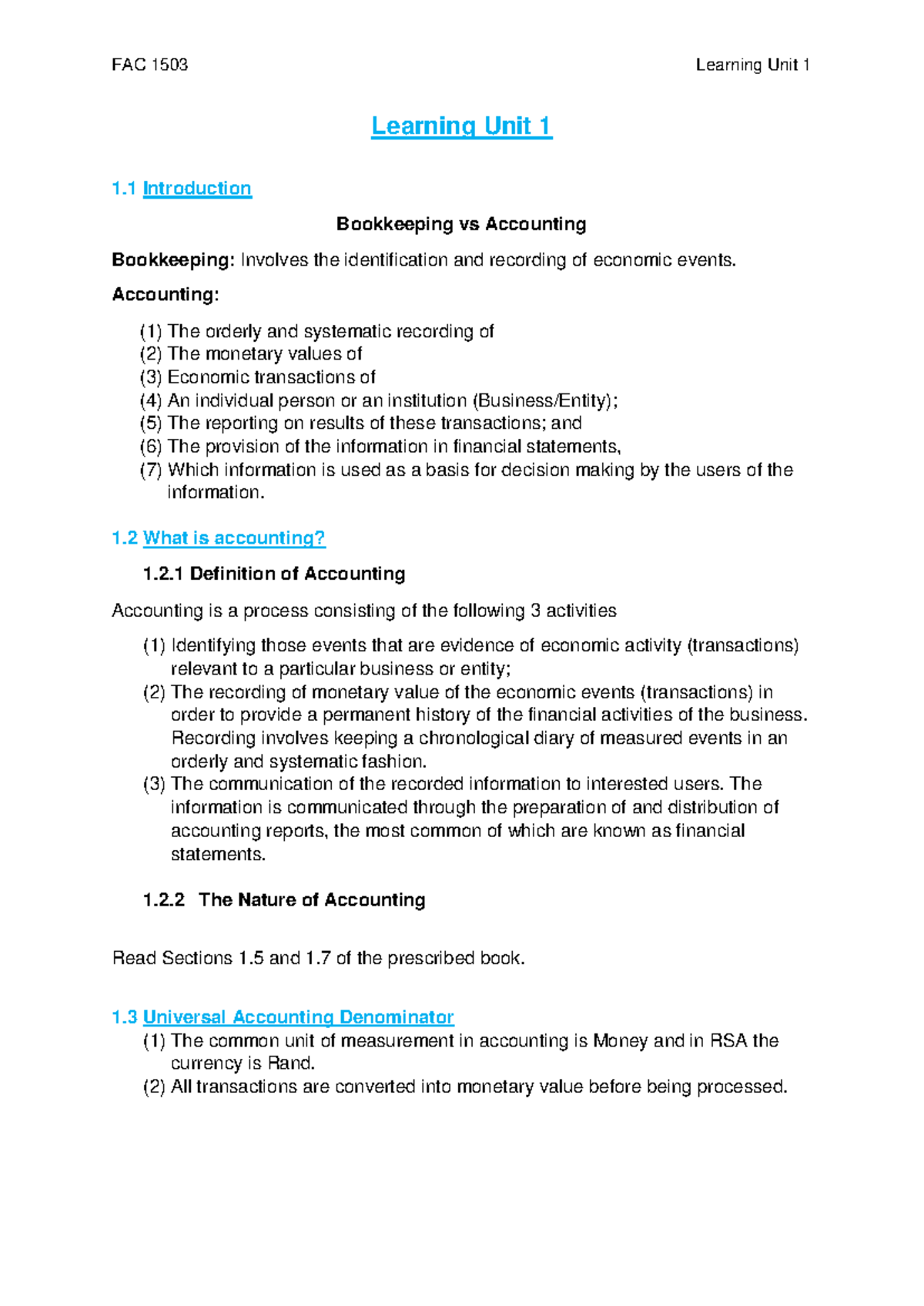 FAC 1503 Learning Unit 1: Introduction to Accounting Concepts - Studocu