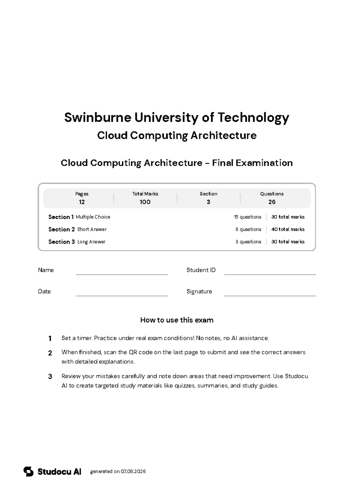 Cloud Computing Architecture - Final Examination - Studocu