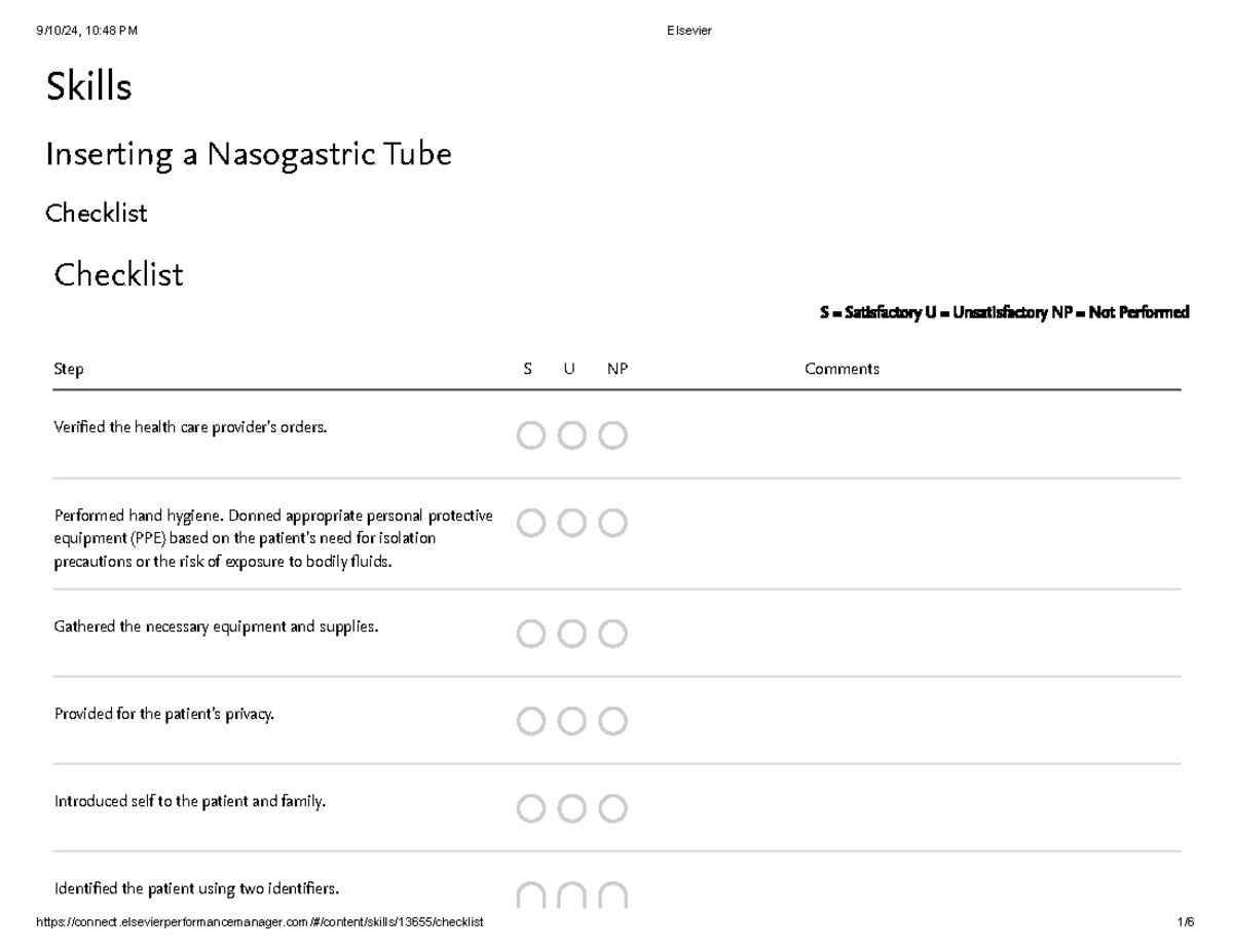 Elsevier - Nasogastric Tube Insertion Checklist (Skills) - Studocu