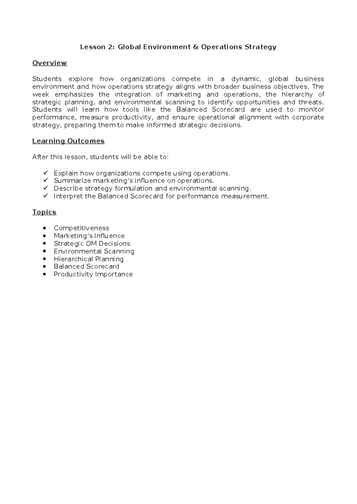 TQM Lesson 2: Global Operations Strategy Overview - Studocu