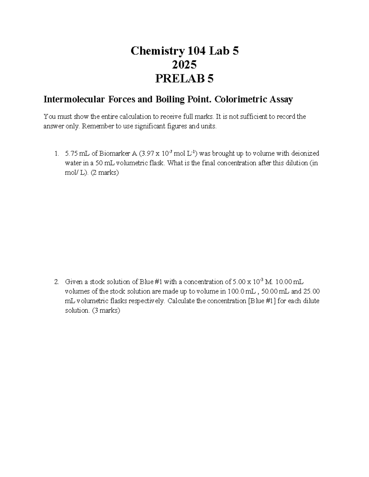 Chemistry 104 Pre Lab - Chemistry 104 Lab 5 2025 PRELAB 5 ...