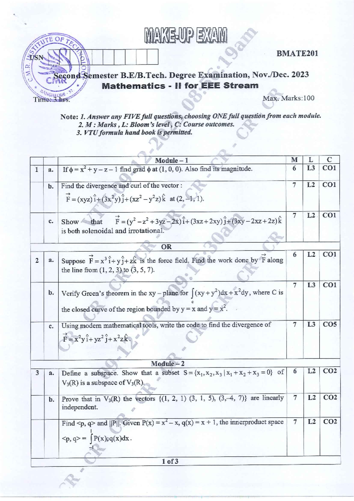 BMATE201 Mathematics II Make Up Exam Paper for EEE Stream Nov-Dec 2023 ...