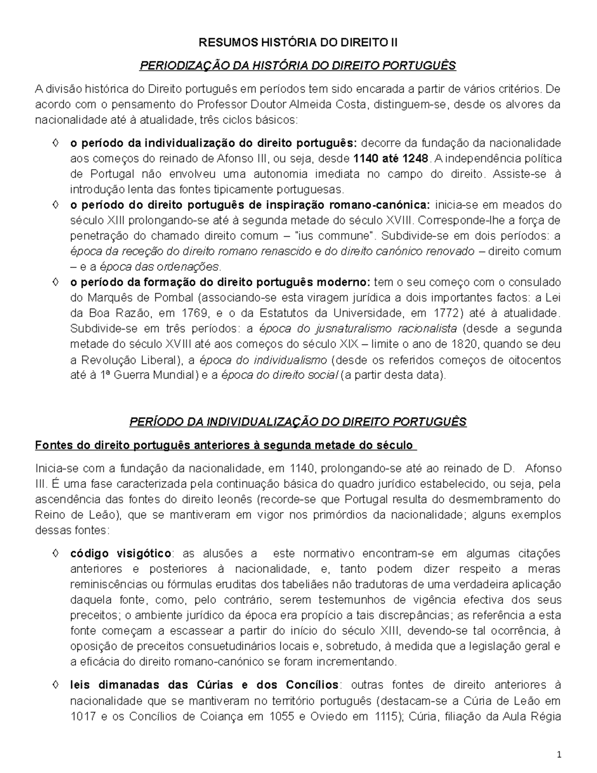 Resumos de História do Direito II: Períodos e Fontes Jurídicas - Studocu