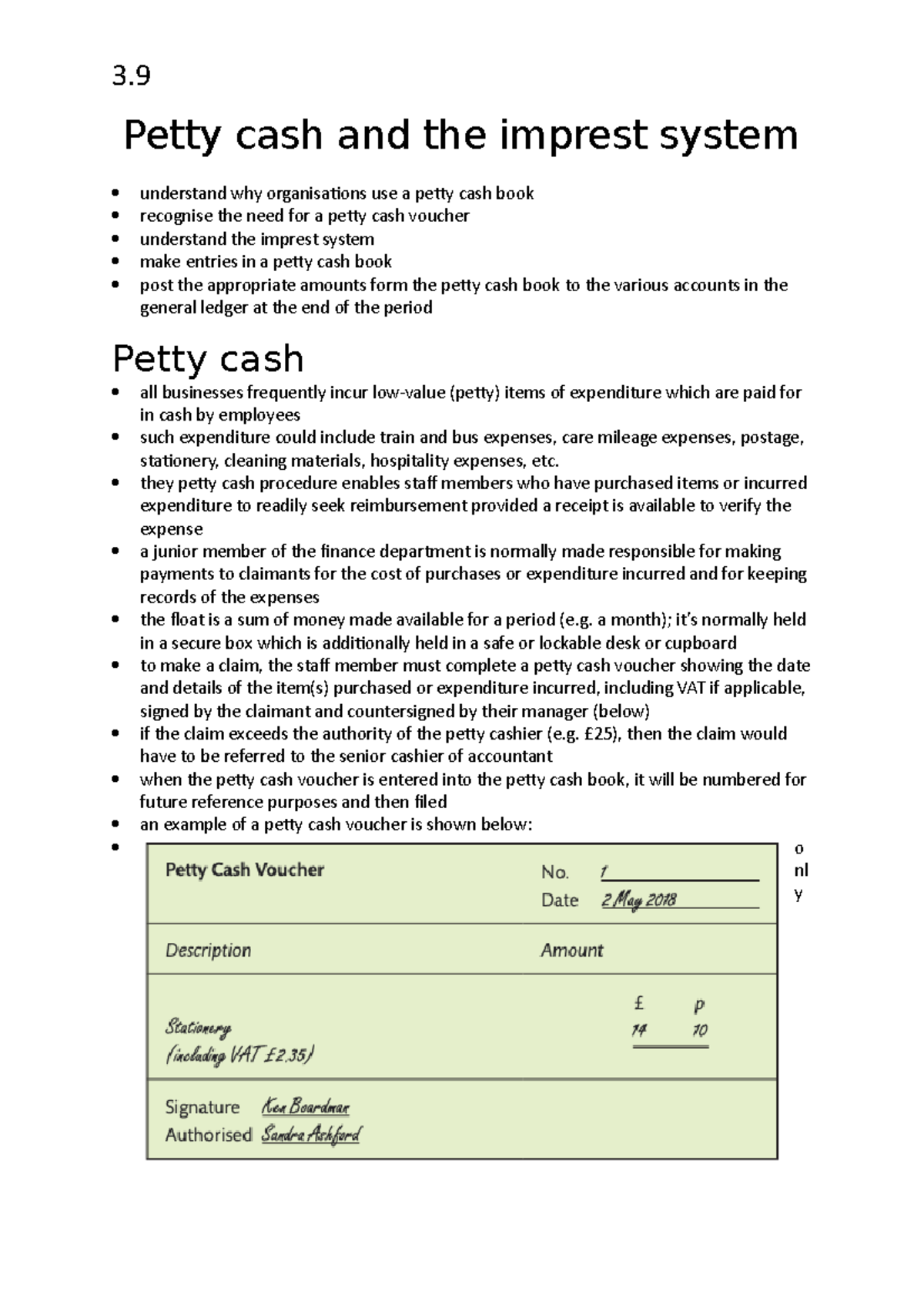 3.9 Understanding the Petty Cash and Imprest System - Studocu