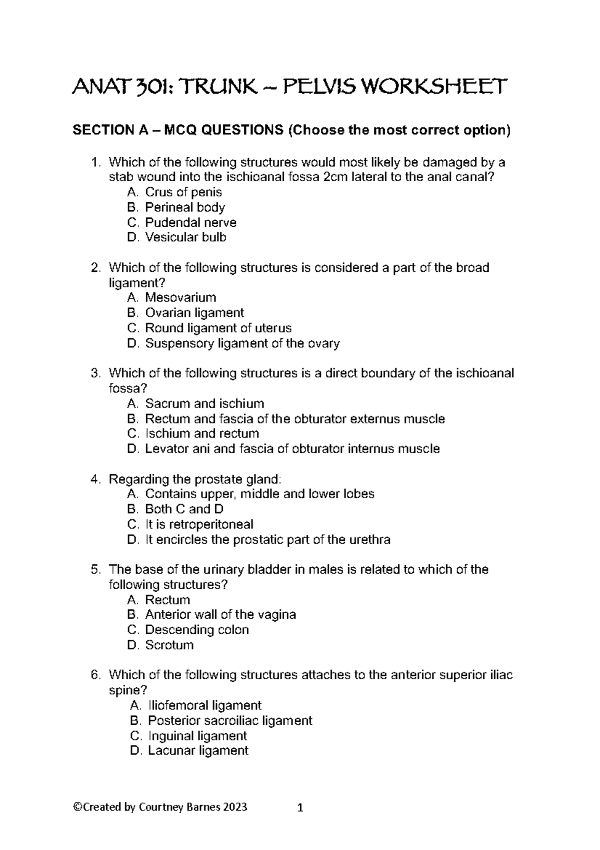 ANAT 301: TRUNK PELVIS MCQ & DIAGRAM LABELING WORKSHEET - Studocu