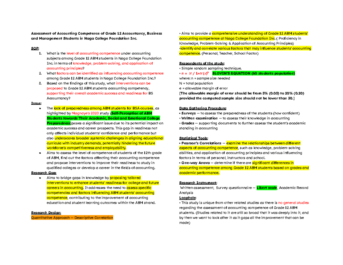 Assessment of Accounting Competence for Grade 12 ABM Students - Studocu