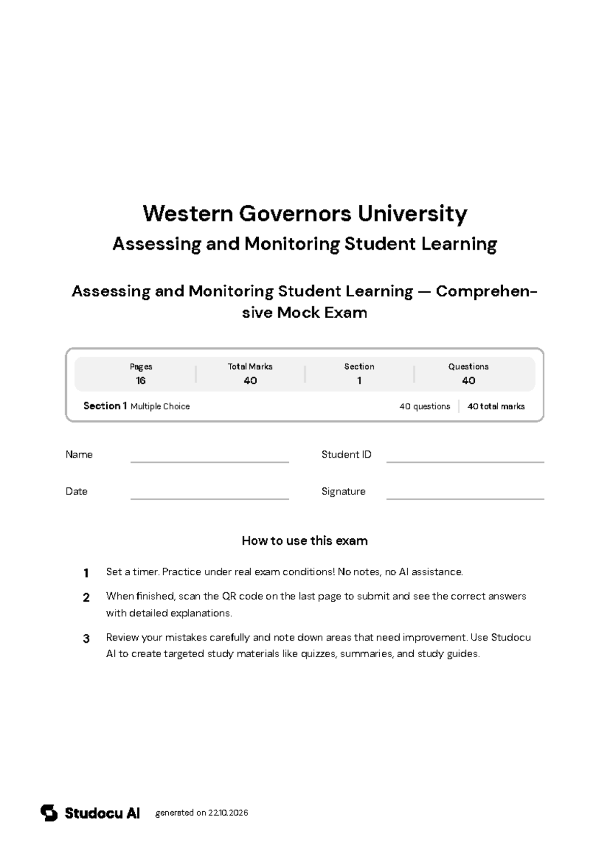 Assessing and Monitoring Student Learning — Comprehensive Mock Exam ...