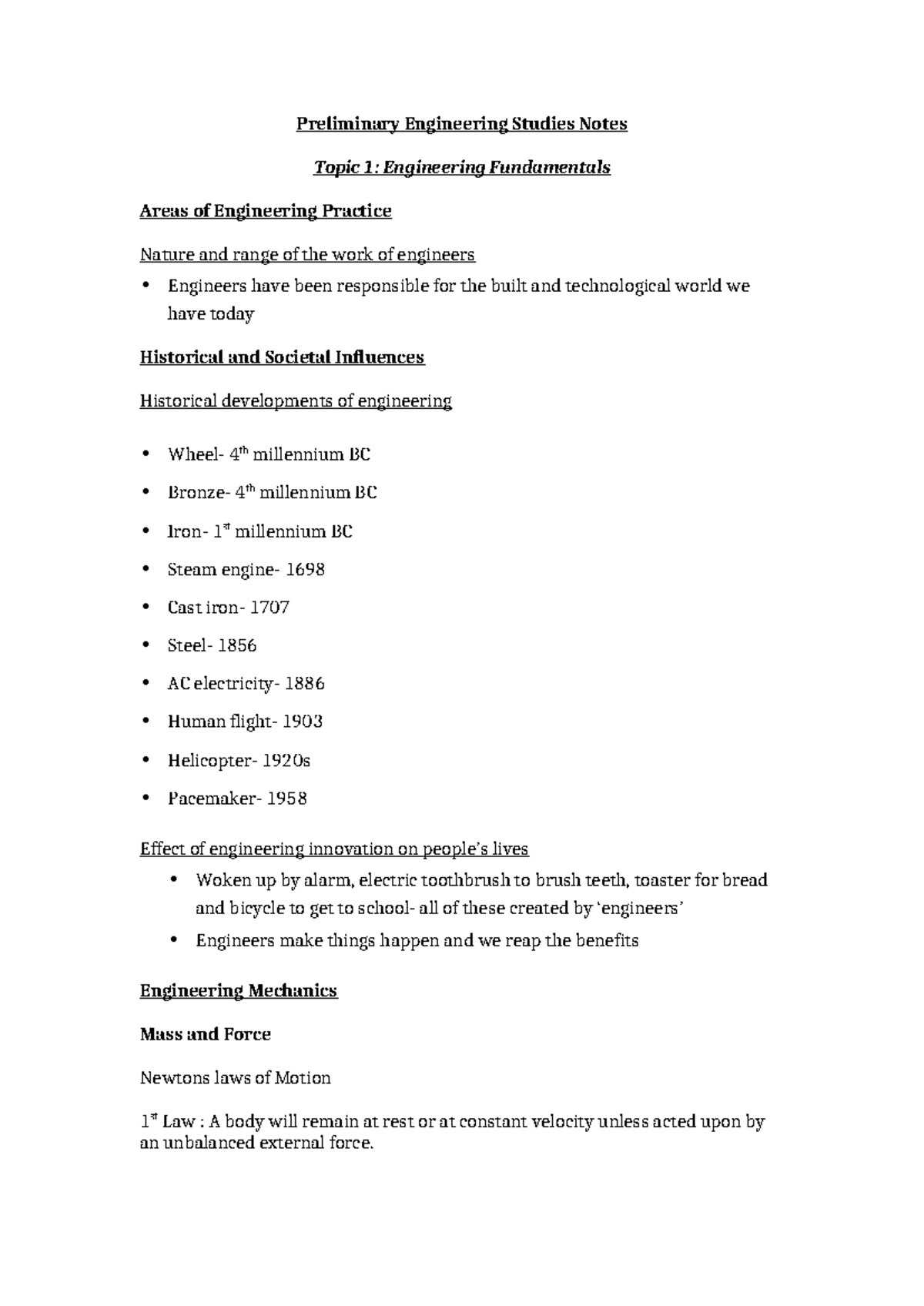 Prelim Engineering Studies Notes: Engineering Fundamentals & Mechanics ...