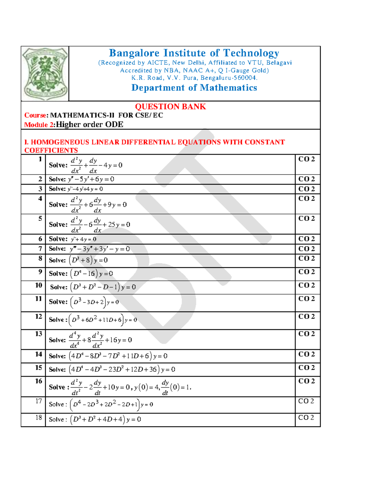 MATHEMATICS-II (CSE/EC) Question Bank: Module 2 - Higher Order ODEs ...