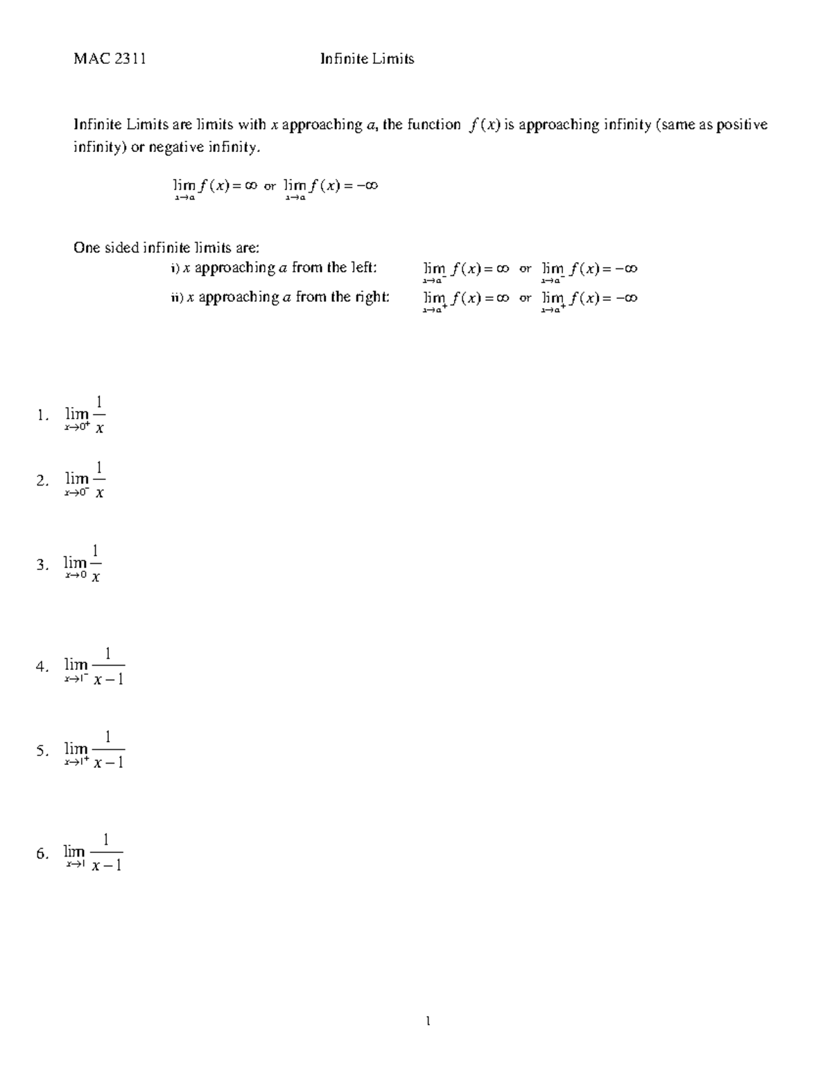 MAC 2311 Lecture Notes on Infinite Limits - Studocu