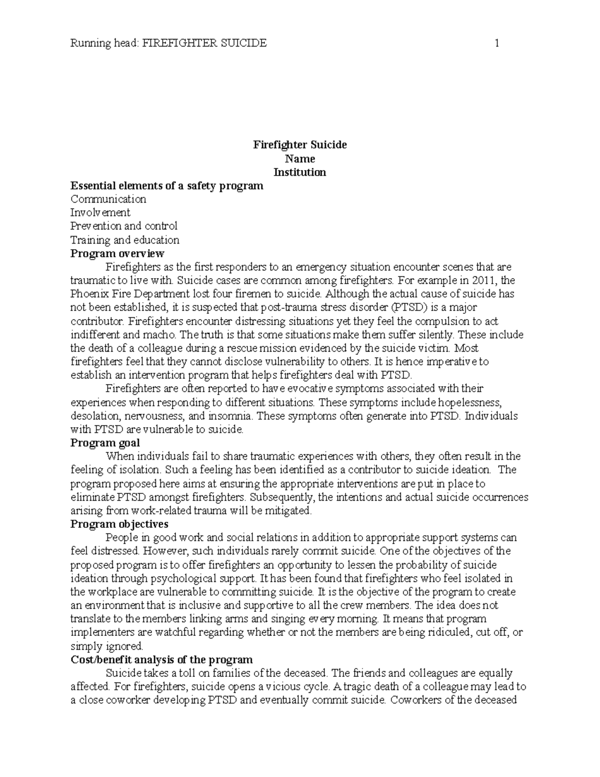 Firefighter Suicide: Addressing PTSD and Prevention Strategies - Essay ...
