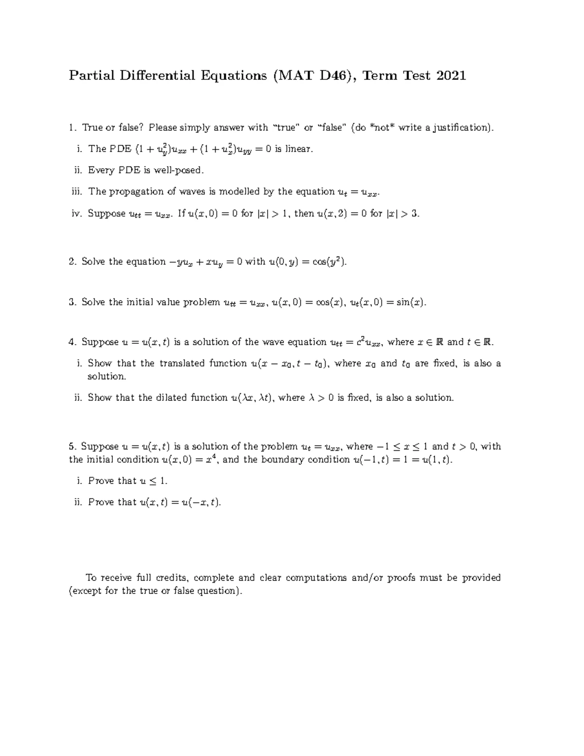 Partial Differential Equations (MAT D46), Final Exam 2021 Solutions ...