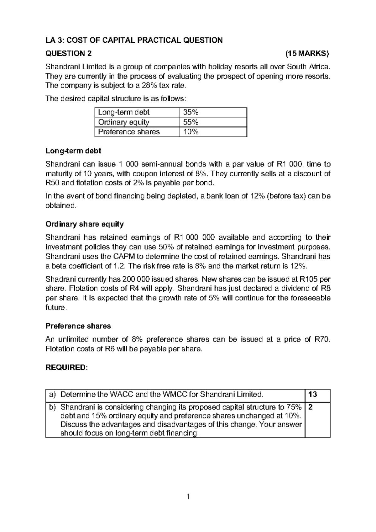 LA 3: Cost of Capital Practical Question & WACC Analysis - Studocu