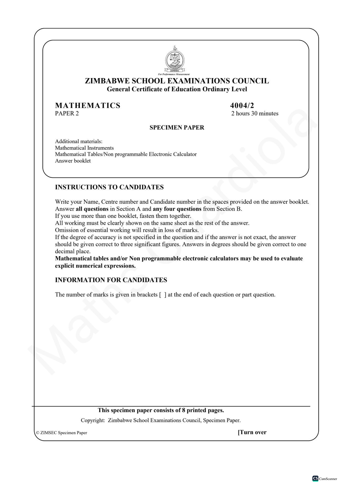 O Level Mathematics Specimen Paper 2 (Syllabus B) - Zimbabwe 2023 - Studocu