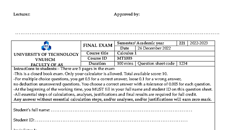 Calculus 1 MT1003 - Final Exam Question Sheet (Dec 26, 2022) - Studocu
