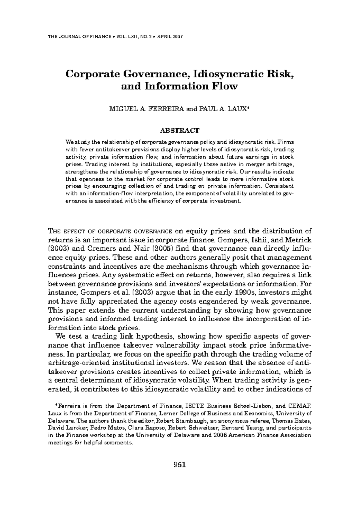 Corporate Governance, Idiosyncratic Risk, and Information Flow (FINC ...