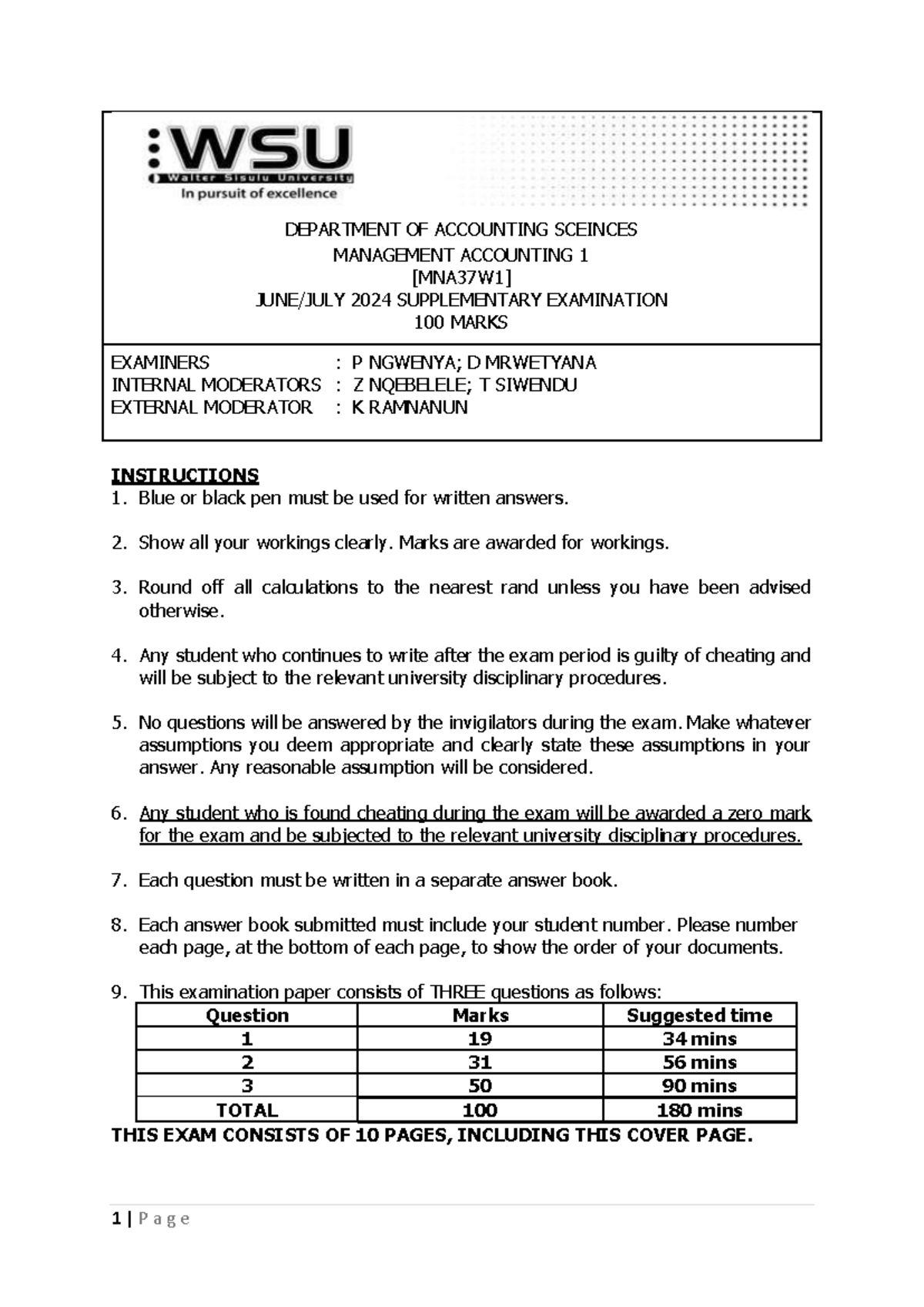 2024 MNA37W1 Management Accounting 1 Supplementary Exam Paper - Studocu