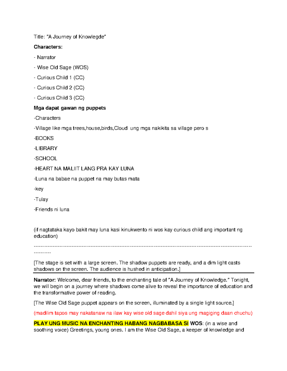 Shadow Puppetry Final Script A Journey Of Knowledge Studocu