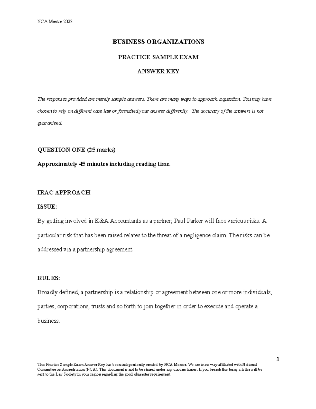 NCA Mentor 2023 Business Organizations Practice Exam Answer Key - Studocu