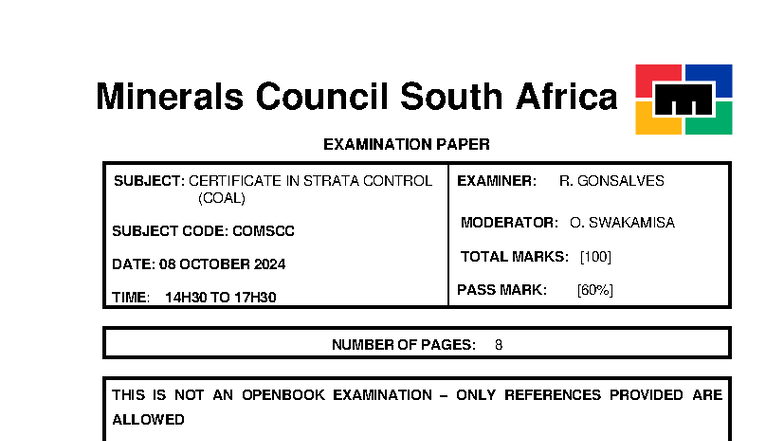 ComSCC Examination Paper: Certificate in Strata Control (Coal) - Oct ...