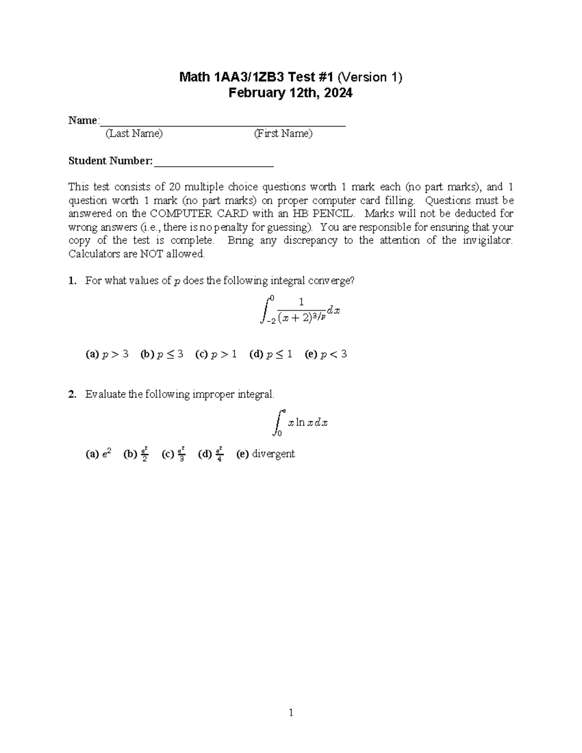 Calc 2 Midterm 1 - Math 1AA3/1ZB3 Test #1 (Version 1) February 12th ...