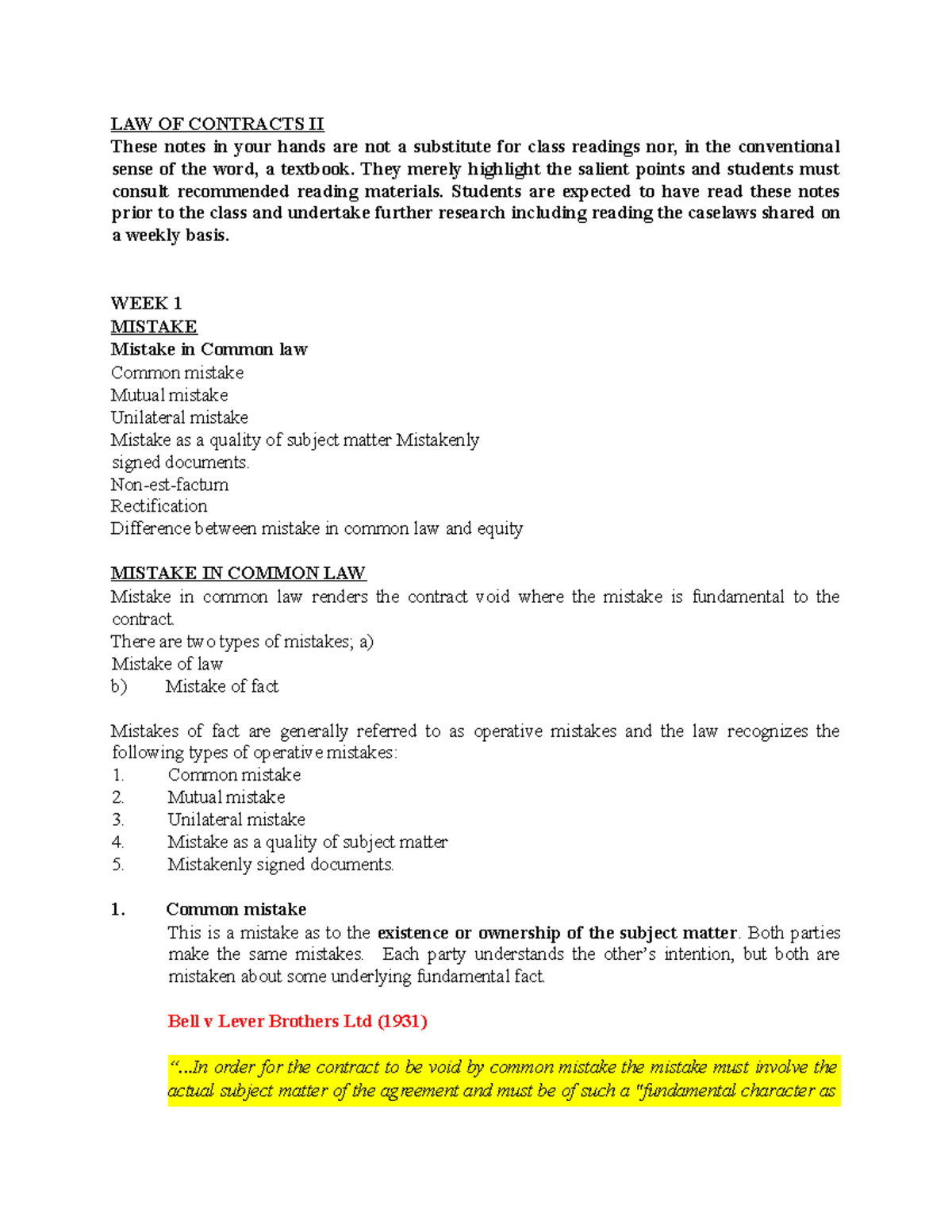 Contract II Guidance Notes - LAW OF CONTRACTS II These notes in your ...