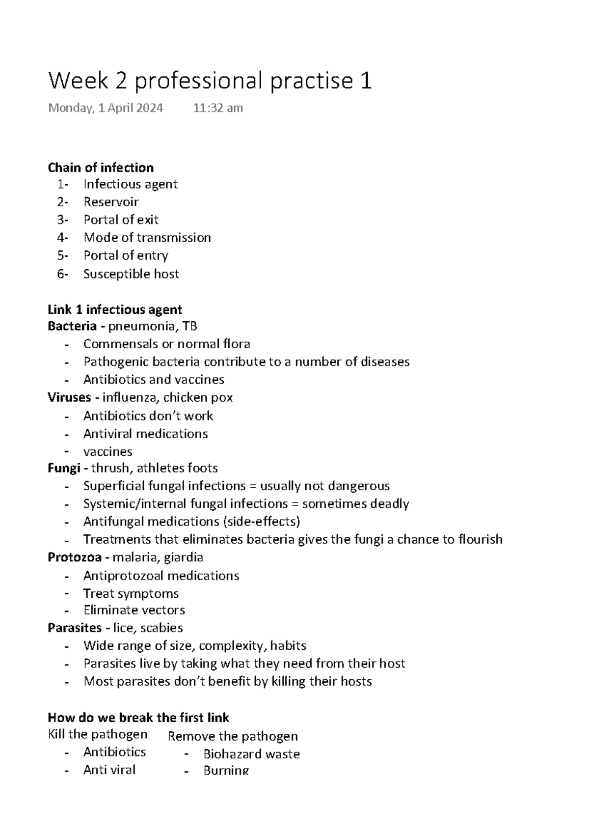 Chain of Infection: Week 2 Professional Practice 1 Notes - Studocu