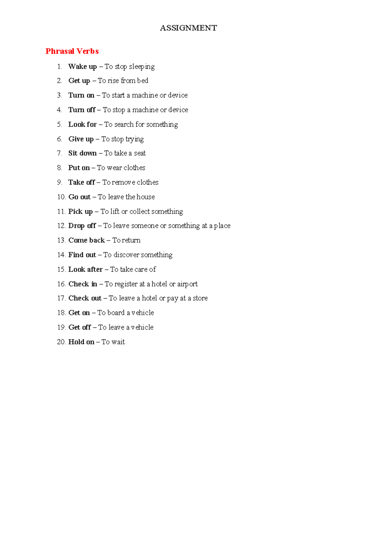 ASSIGNMENT: Phrasal Verbs Overview and Definitions - Studocu