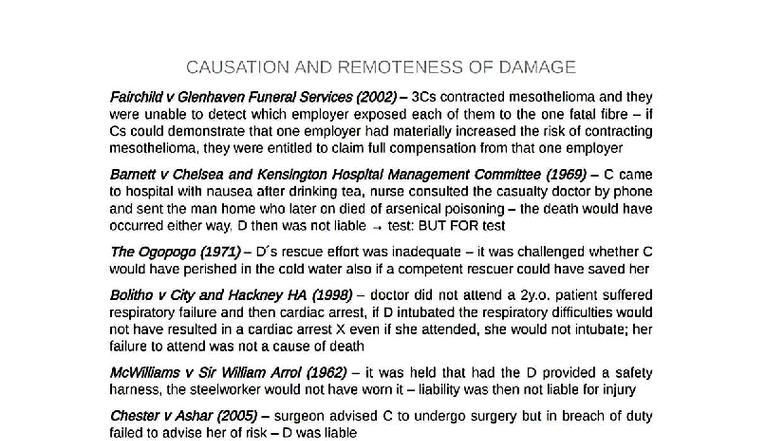 Tort Causation Cases: Analyzing Fairchild v Glenhaven & Others - Studocu