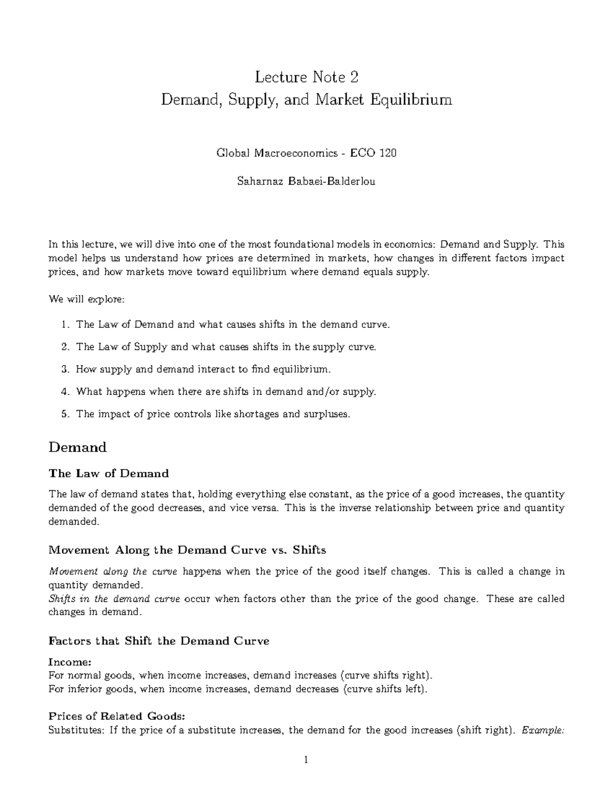 Lecture Note 2: Demand, Supply, and Market Equilibrium - ECO 120 ...