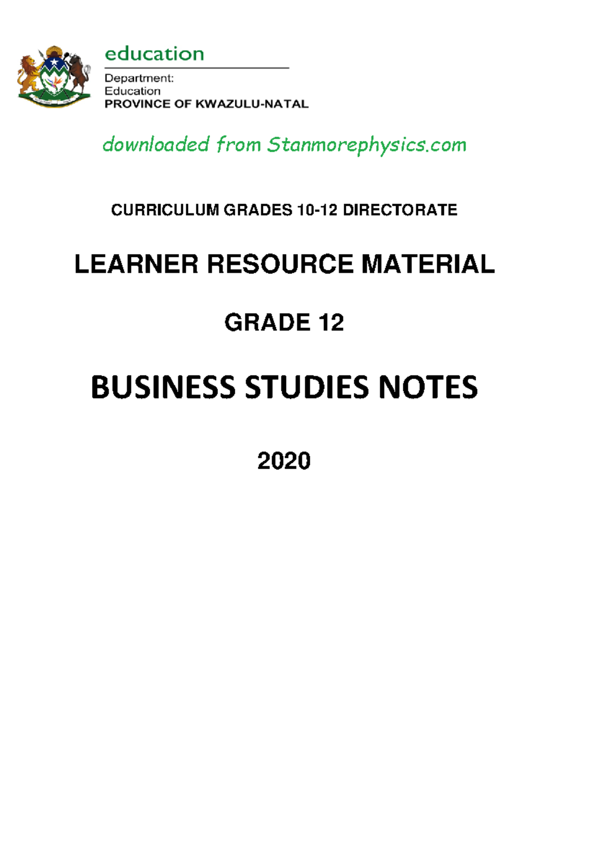 Business Studies Grade 12 Study Notes & Curriculum Overview - Studocu