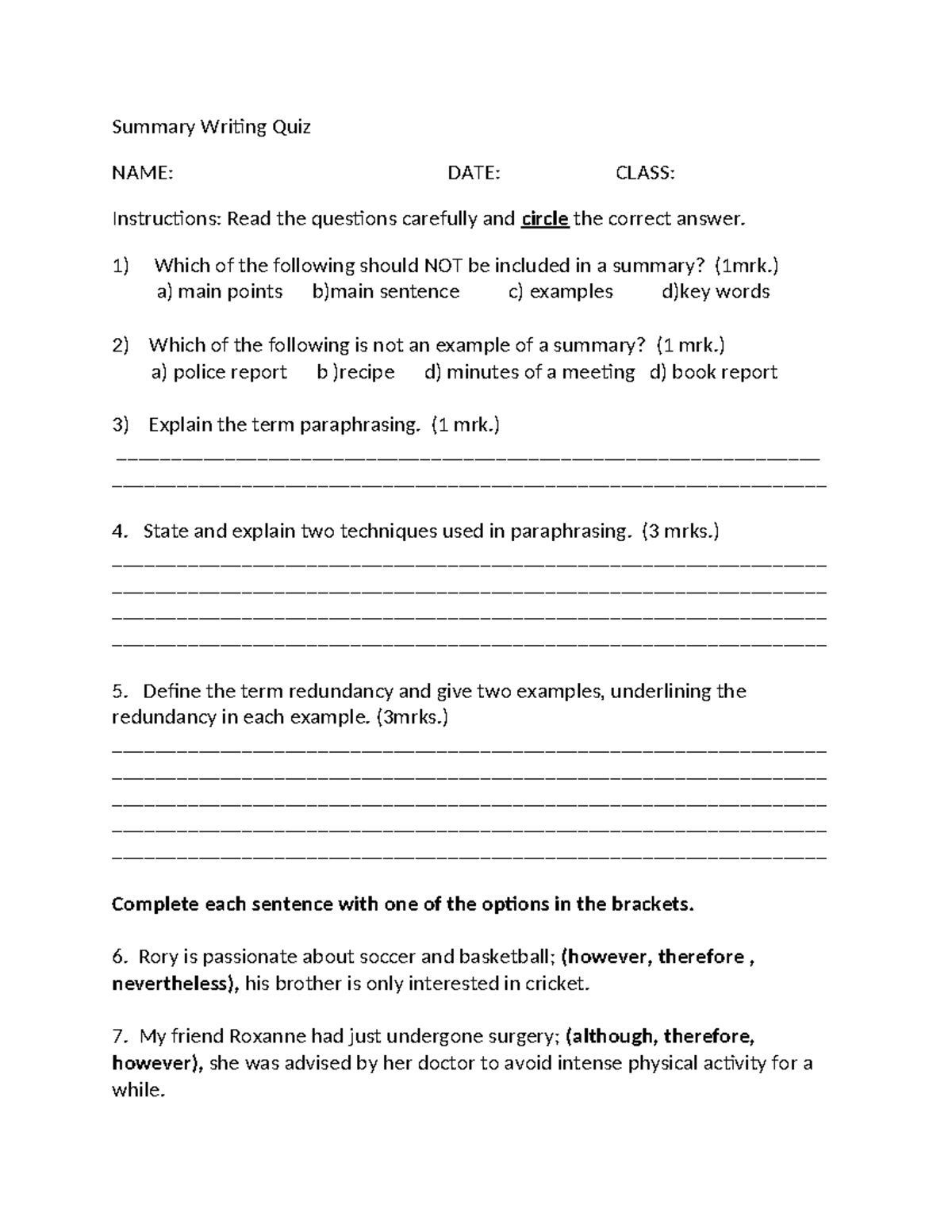 Summary Writing Quiz - Formative Assessment with Key Instructions - Studocu
