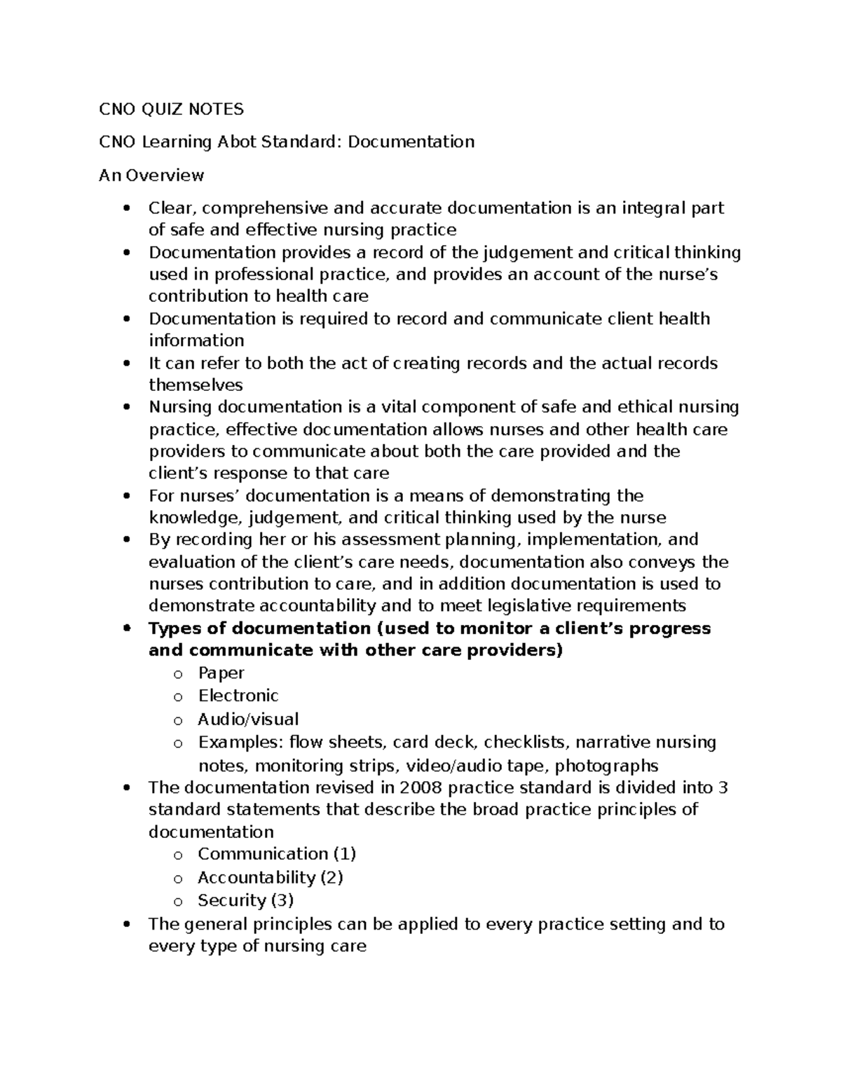 CNO QUIZ NOTES: Documentation Standards Overview for Nursing - Studocu