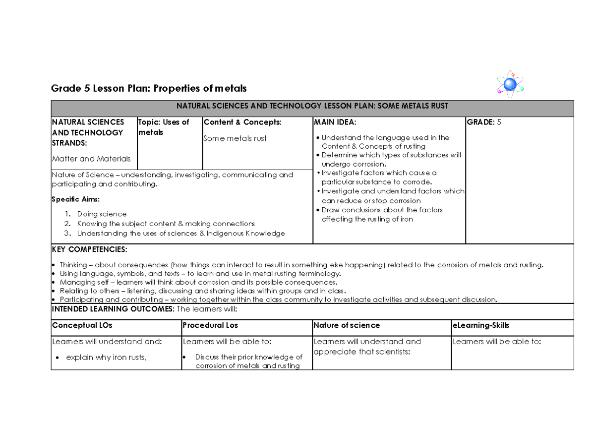Grade 5 Natural Sci & Tech Lesson Plan: Exploring Metal Rusting - Studocu