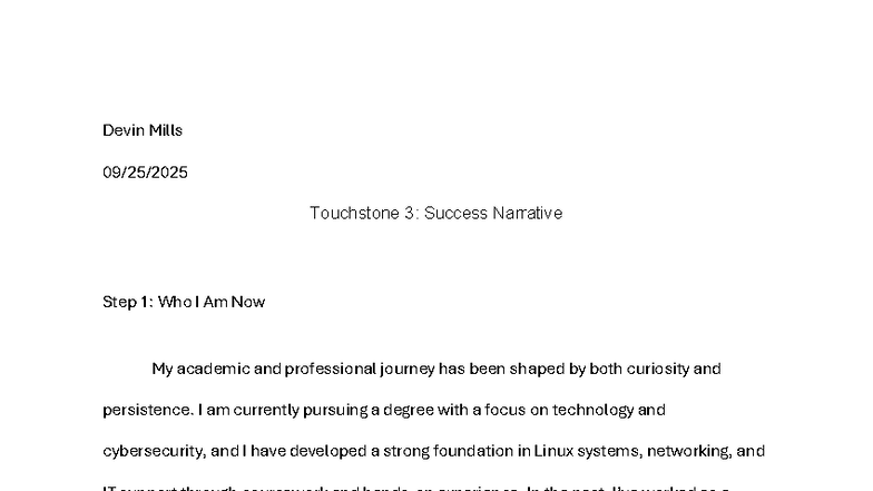 Touchstone 3: Success Narrative - My Journey in Cybersecurity - Studocu
