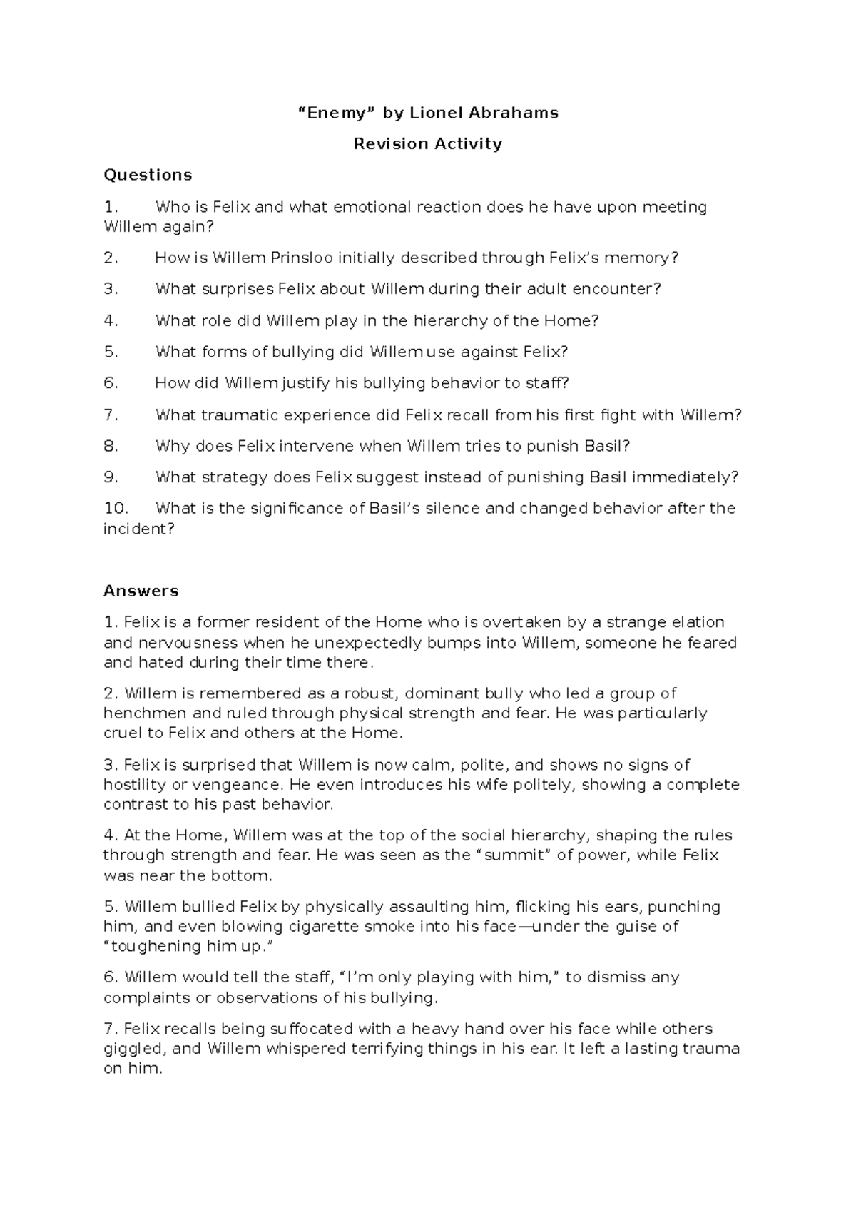 Enemy Revision Activity: Key Questions and Insights - Studocu