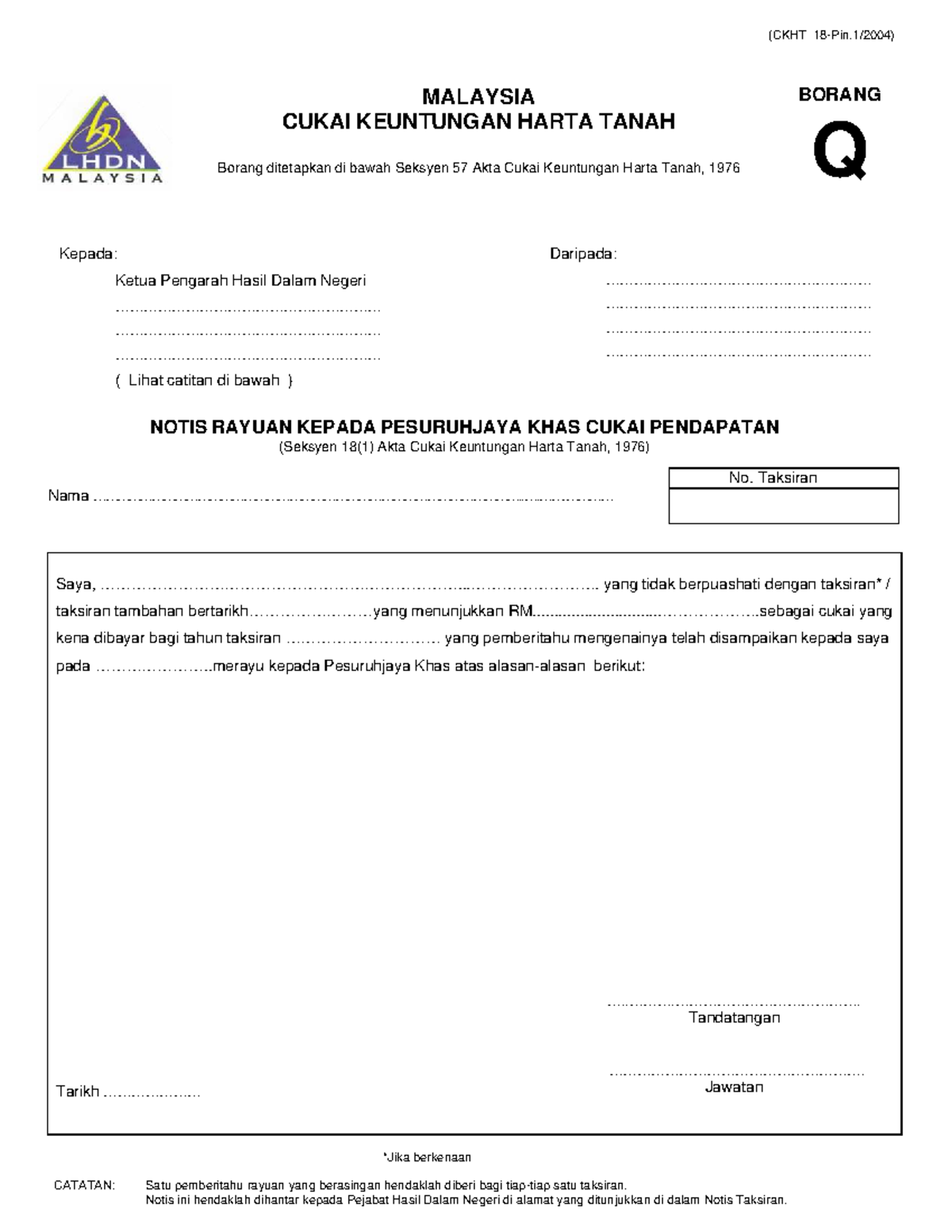 Form Q - Notis Rayuan Cukai Keuntungan Harta Tanah (CKHT) - Studocu