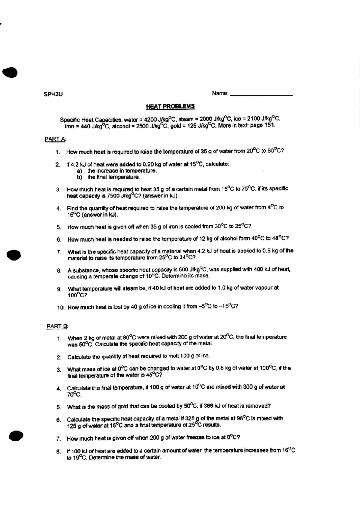 16 Heat Problems - heat probelms practice - SPH3U Name: HEAT PROBLEMS ...