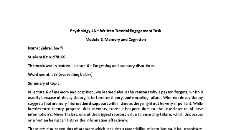 Psychology 1A: Memory & Cognition - Lecture 6 Summary & Reflection ...
