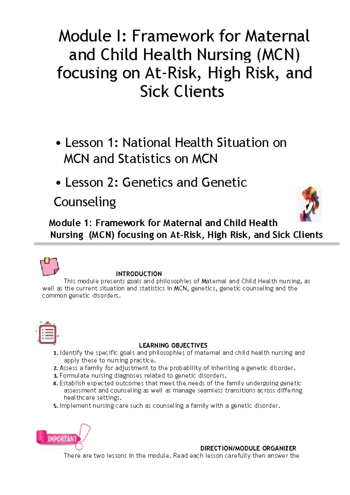 NUPC 110 Module I: Maternal and Child Health Nursing Framework - Studocu