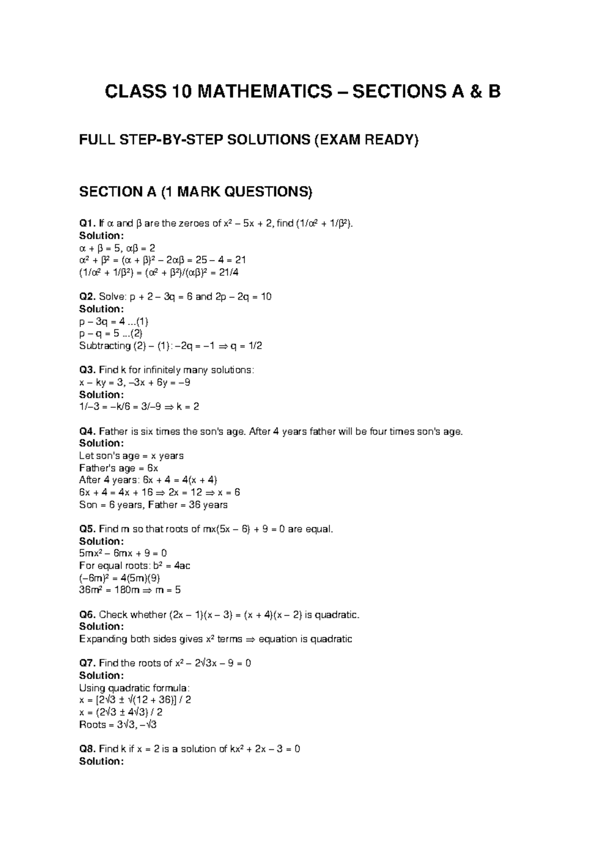 Class 10 Maths Exam Ready: Detailed Solutions for Sections A & B - Studocu