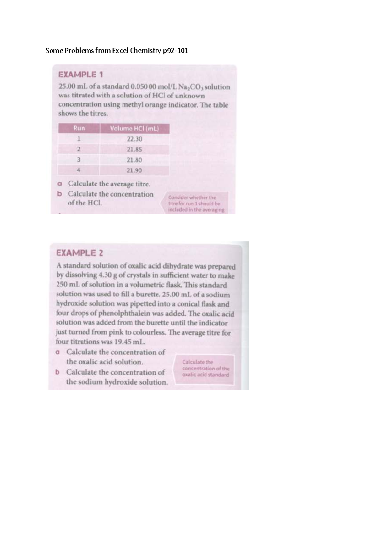 18.03.22 Titration Problems & Calculations from Excel Chemistry p92 ...