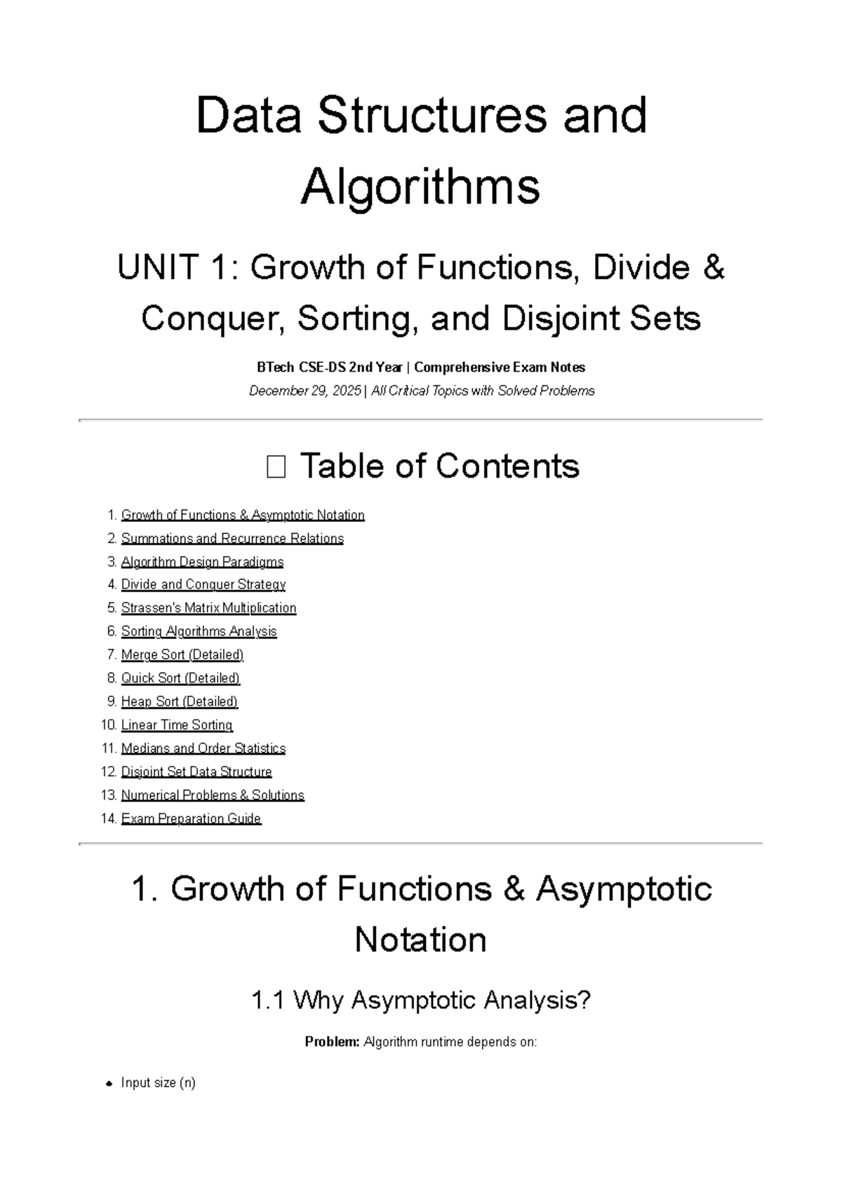 DSA BTech 2nd Year UNIT 1: Growth of Functions & Sorting Exam Notes ...