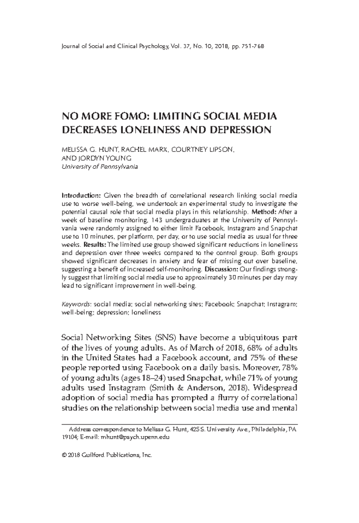 Hunt et al. (2018) - Impact of Limiting Social Media on Loneliness ...