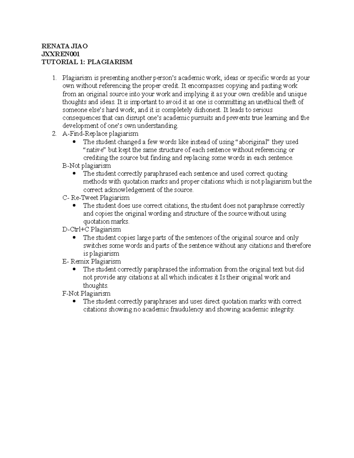 TUT 1 JXXREN001: Understanding Plagiarism and Academic Integrity - Studocu