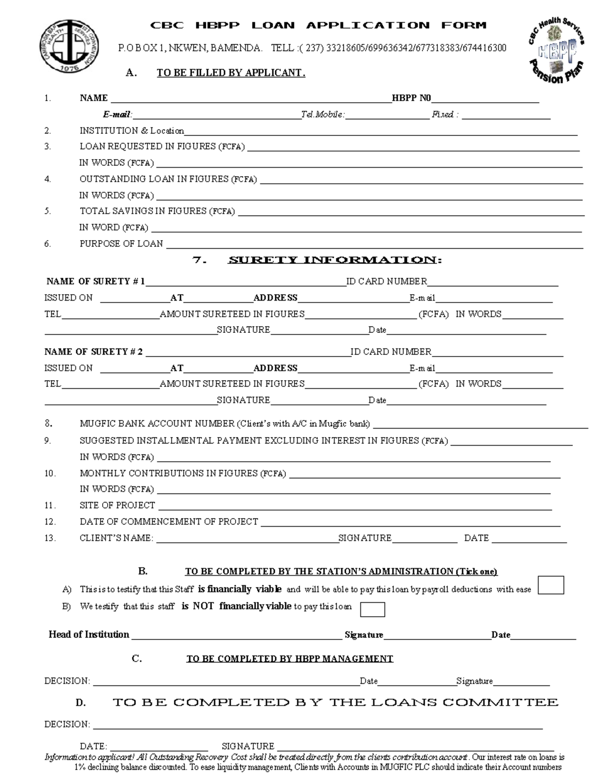 CBC HBPP Loan Application Form - Nkwen, Bamenda - Studocu